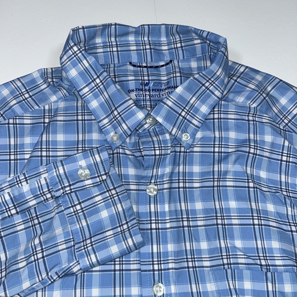 Vineyard Vines Men's L Blue Plaid OTG On The Go Shirt Performance Button-up Brrr